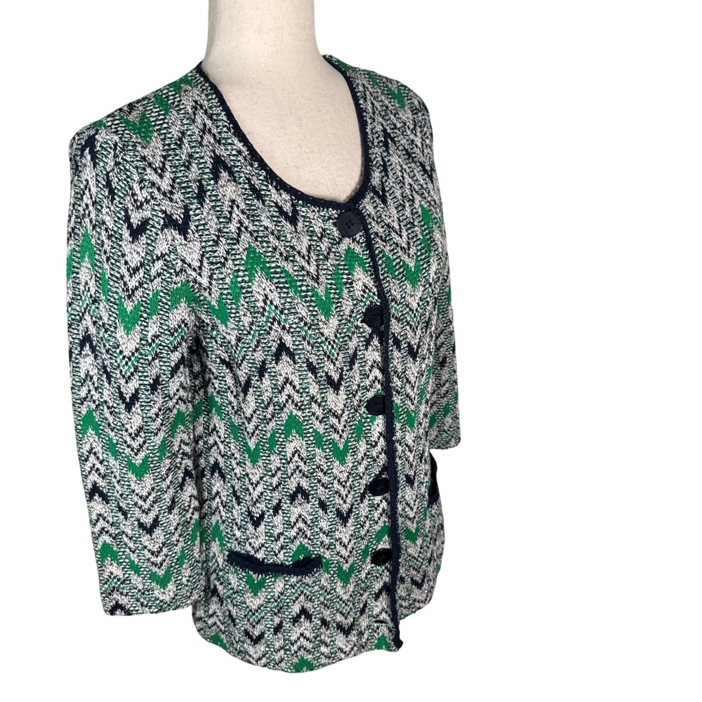 Pendleton Petite Cardigan Sweater Womens Medium Green Navy Silk Cotton‎ Chevron